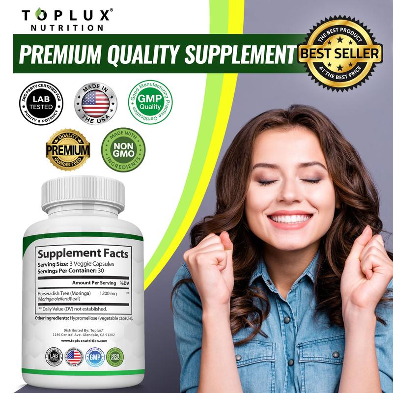 Moringa Capsules - Pure Moringa Powder for Immune, Gut health